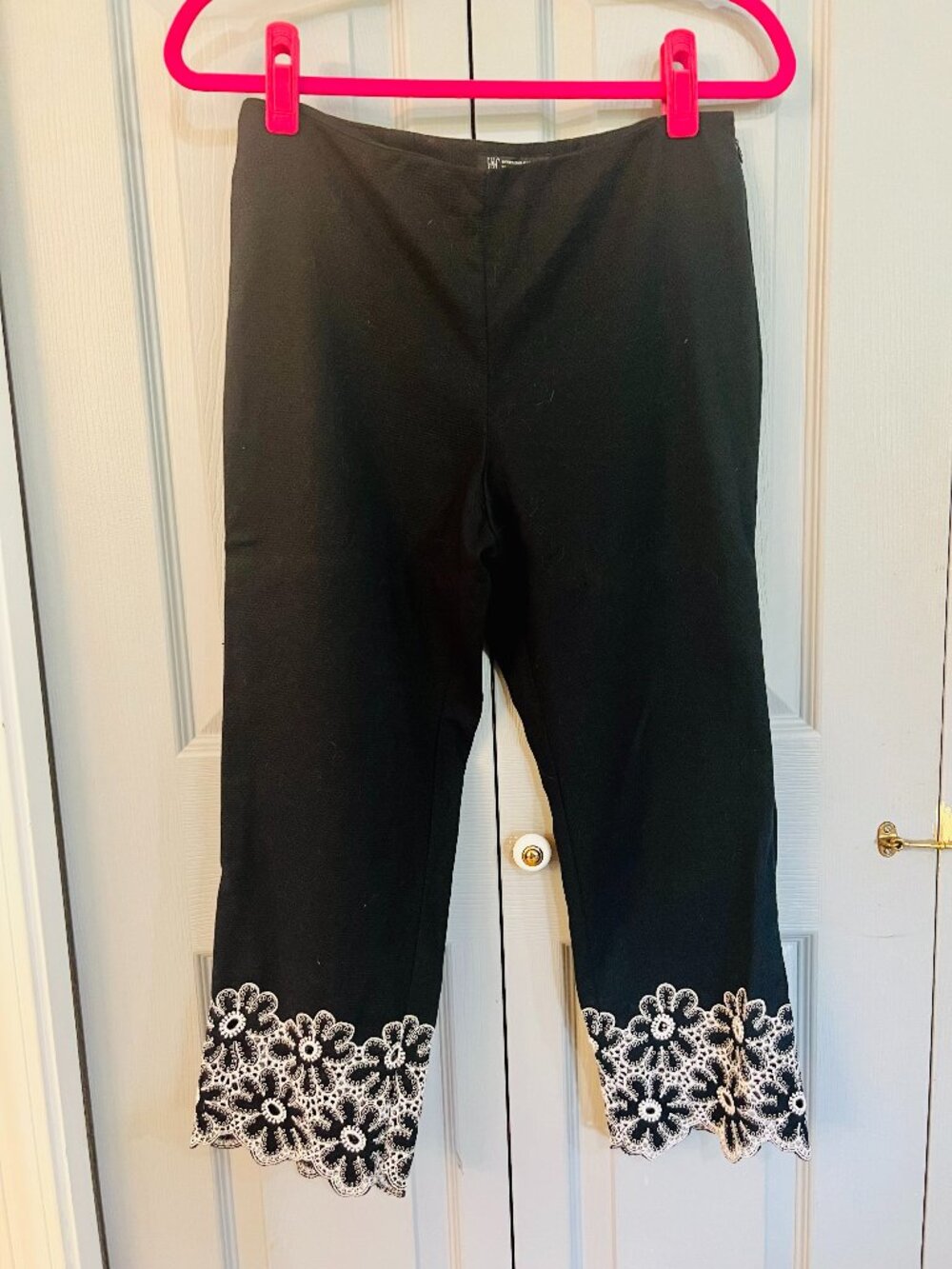 INC Crop Black Pants, Floral Embroidered Hem in White